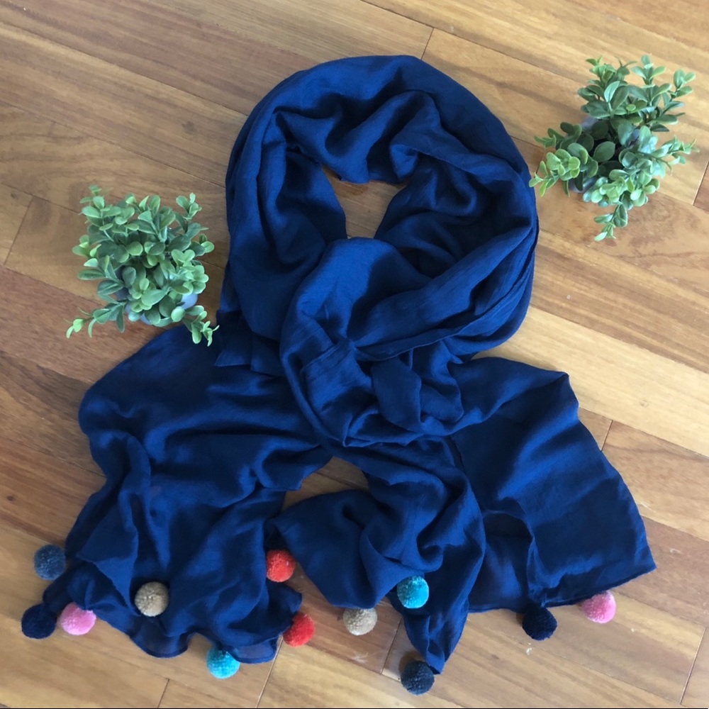 Women’s Lightweight Navy Scarf With Pom Pom Trim. - Picture 2 of 5
